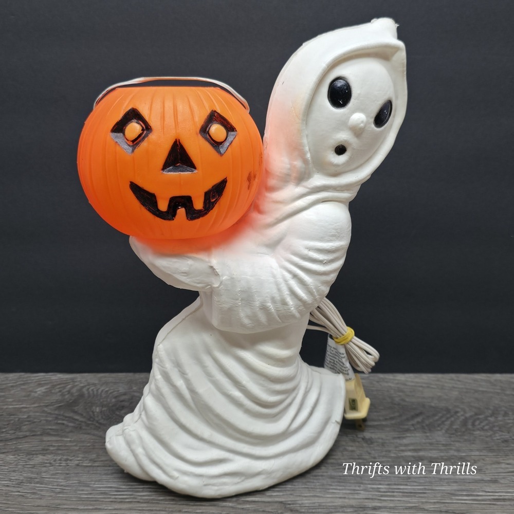 Vintage Halloween Blow Mold Light - Ghost Holding Jack-O-Lantern - 13"